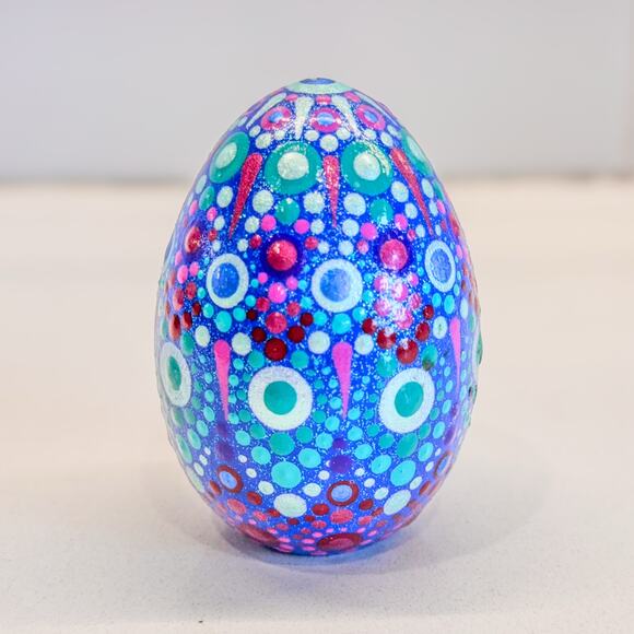 Hand-Painted Wooden Egg With Mandala Dot Design, Blue and Purple Hues - Picture 4 of 6